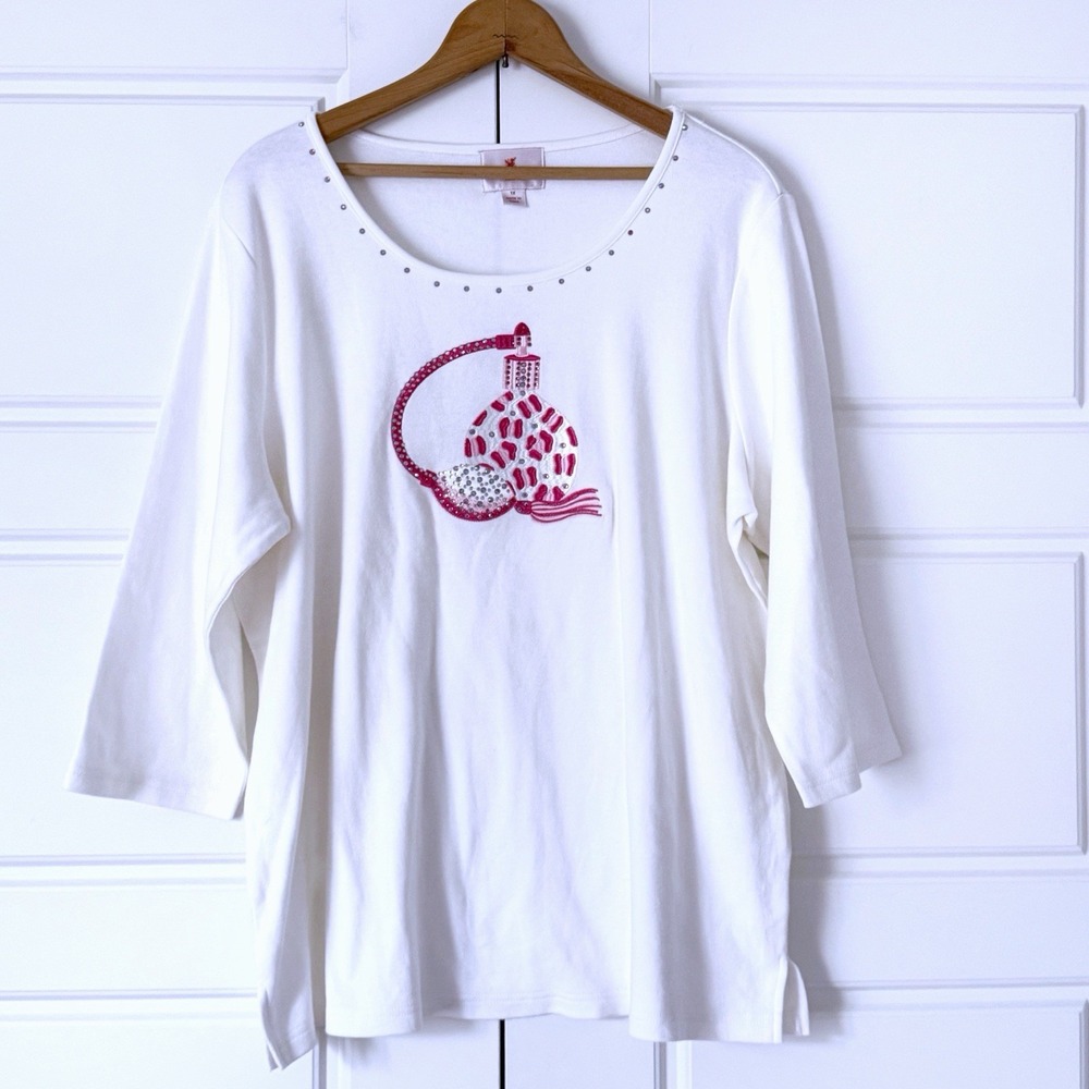 Quacker Factory Rhinestone Perfume Bottle TShirt 1X Pink Sparkle Bougie Leopard